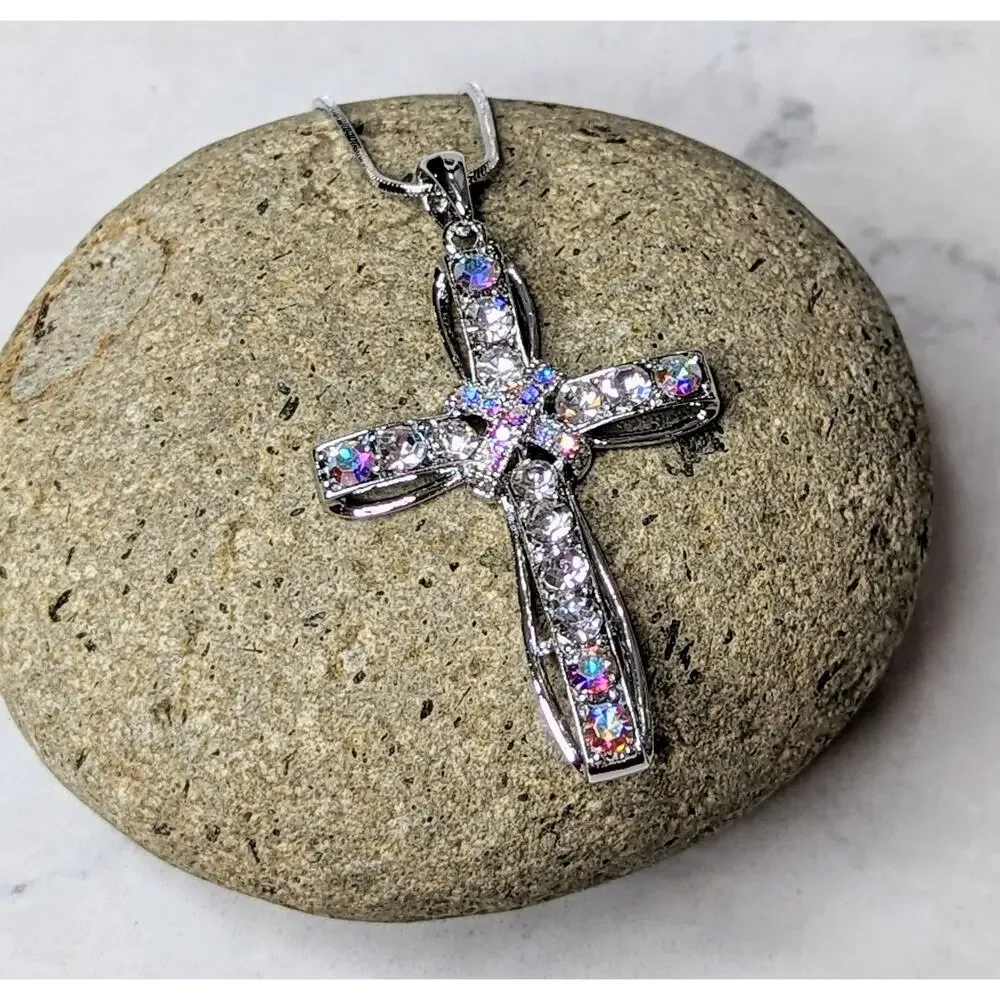 White Gold Plated Crystal Cross Necklace NEW Religious Spiritual Gift